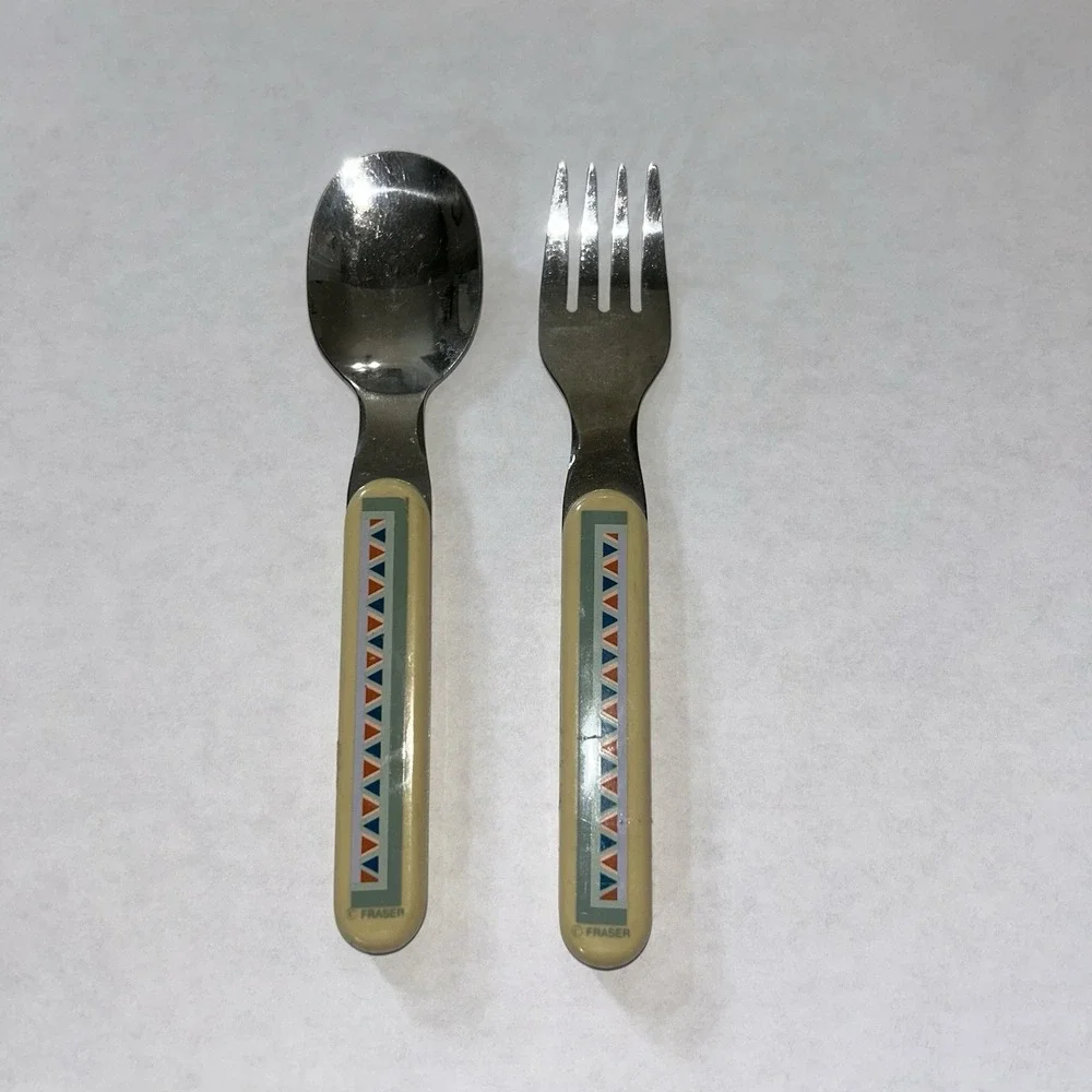 Fraser Kids 2pc Stainless Steel Spoon & Fork Set Beige Geometric Plastic Handles